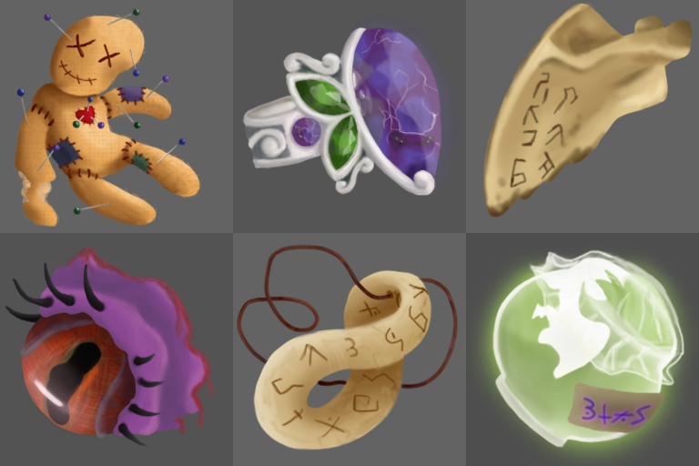 Six Icons painted in photoshop. From top left to bottom right: A Voodoo Doll, a Wizards Ring, A Bone, A Demon Eye, An Ivory Pendant, A Jar of Extoplasm.